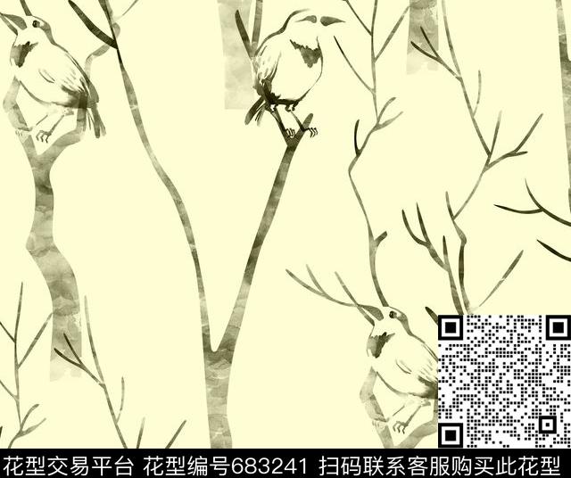 树木鸟水墨女装不定位丝巾家纺数码印花华亿平台下载（图片编号: 683241） - 瓦栏（Walan）