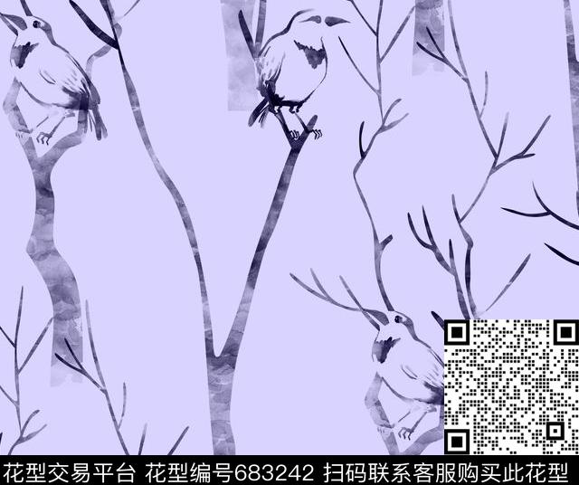 树木鸟水墨女装不定位丝巾家纺数码印花华亿平台下载（图片编号: 683242） - 瓦栏（Walan）