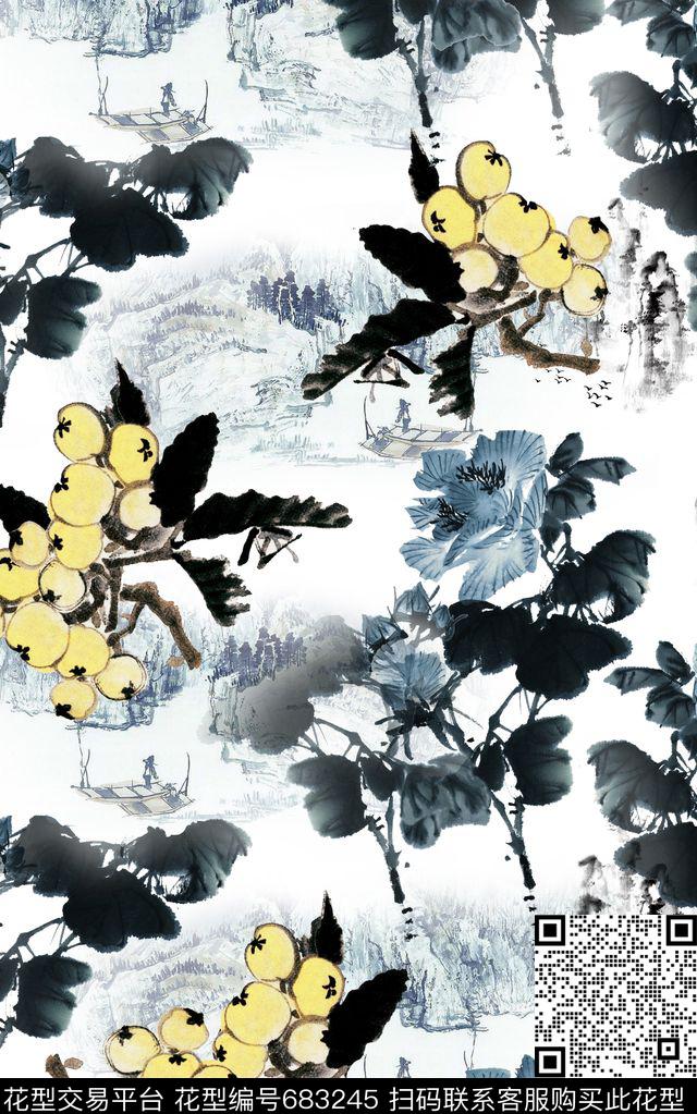 东方韵域中国风国画山水数码印花华亿平台下载（图片编号: 683245） - 瓦栏（Walan）