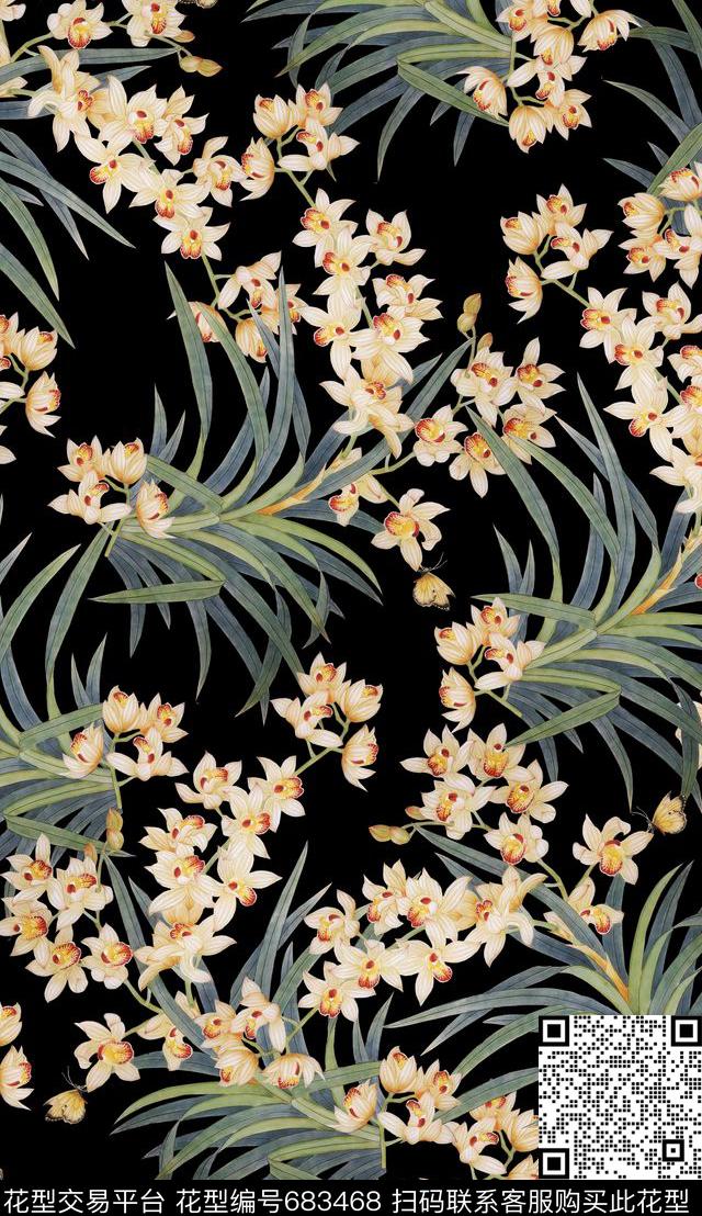 东方韵域民族风中国国画水仙数码印花华亿平台下载（图片编号: 683468） - 瓦栏（Walan）