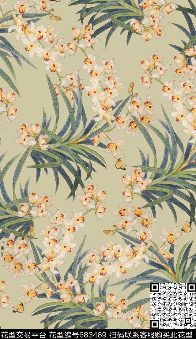 东方韵域民族风中国国画水仙数码印花华亿平台下载（图片编号: 683469） - 瓦栏（Walan）