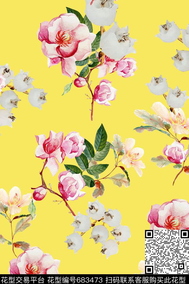 花卉艳丽清新数码印花华亿平台下载（图片编号: 683473） - 瓦栏（Walan）