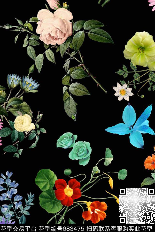 植物花草花卉黑底数码印花华亿平台下载（图片编号: 683475） - 瓦栏（Walan）
