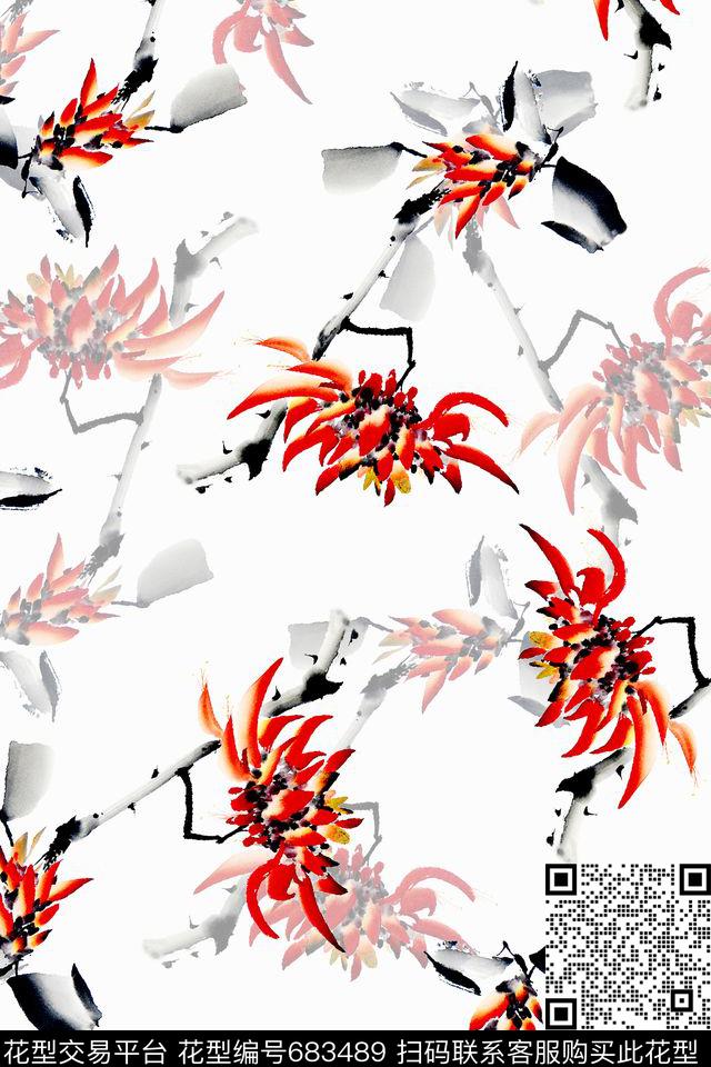 水彩花卉女装数码印花华亿平台下载（图片编号: 683489） - 瓦栏（Walan）