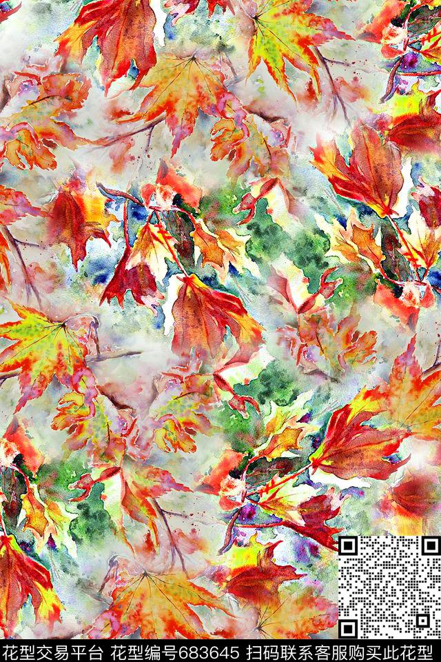 水彩叶子枫叶数码印花华亿平台下载（图片编号: 683645） - 瓦栏（Walan）