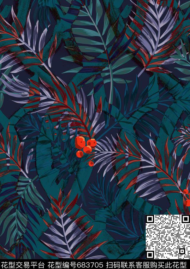 热带棕榈叶卷草数码印花华亿平台下载（图片编号: 683705） - 瓦栏（Walan）
