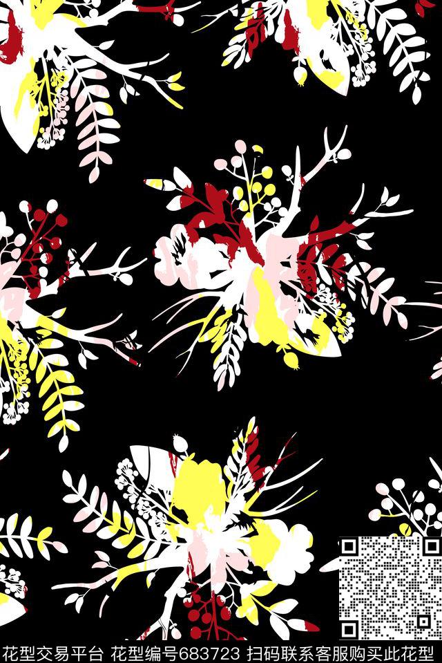 水印花剪影花卉传统印花华亿平台下载（图片编号: 683723） - 瓦栏（Walan）