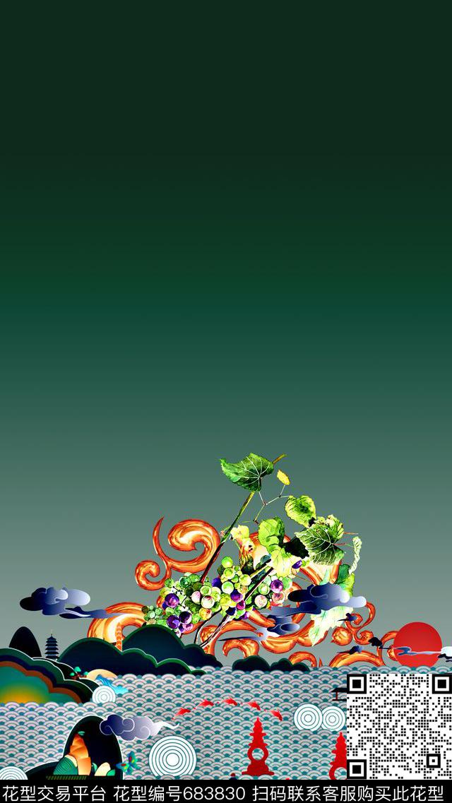 时尚抽象手绘几何风景印花女装裙子定位葡萄印花草卷数码印花华亿平台下载（图片编号: 683830） - 瓦栏（Walan）