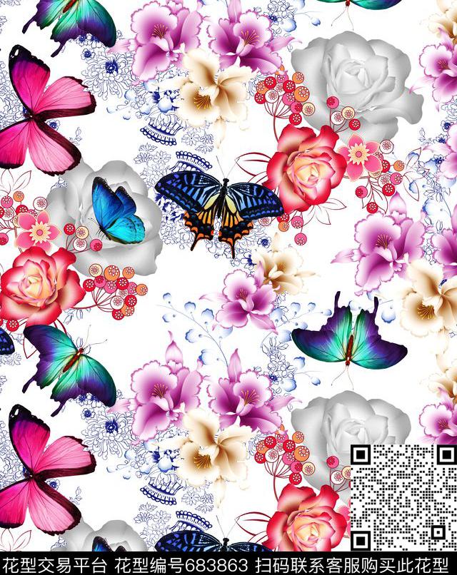 MAX-女装花卉青花瓷线条蝴蝶数码印花华亿平台下载（图片编号: 683863） - 瓦栏（Walan）