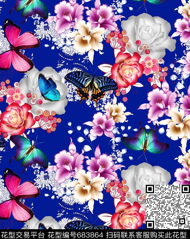 MAX-女装花卉青花瓷线条蝴蝶数码印花华亿平台下载（图片编号: 683864） - 瓦栏（Walan）