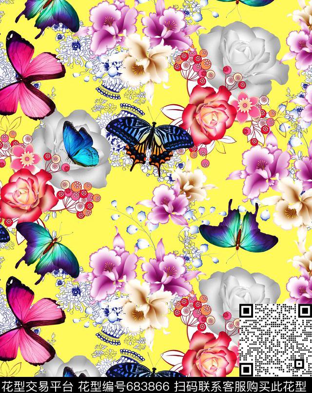 MAX-女装花卉青花瓷线条蝴蝶数码印花华亿平台下载（图片编号: 683866） - 瓦栏（Walan）