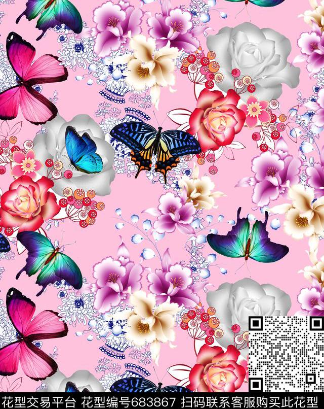 MAX-女装花卉青花瓷线条蝴蝶数码印花华亿平台下载（图片编号: 683867） - 瓦栏（Walan）