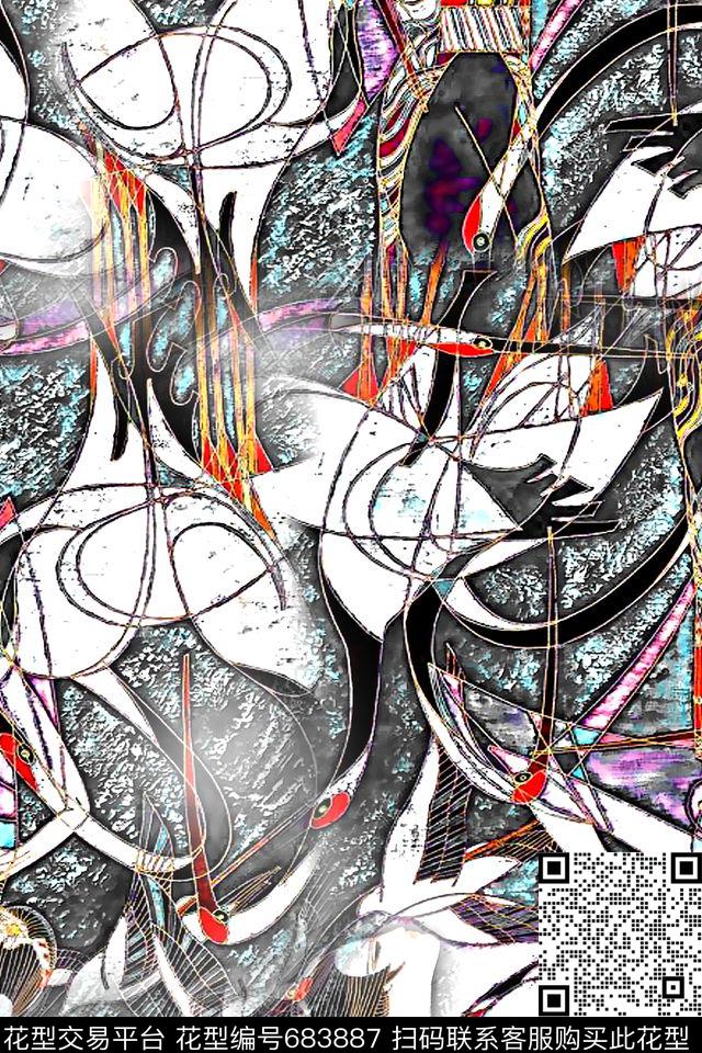 油画仙鹤美女图数码印花华亿平台下载（图片编号: 683887） - 瓦栏（Walan）