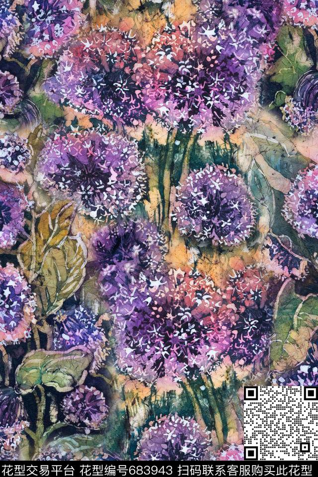 花卉扎染水彩数码印花华亿平台下载（图片编号: 683943） - 瓦栏（Walan）