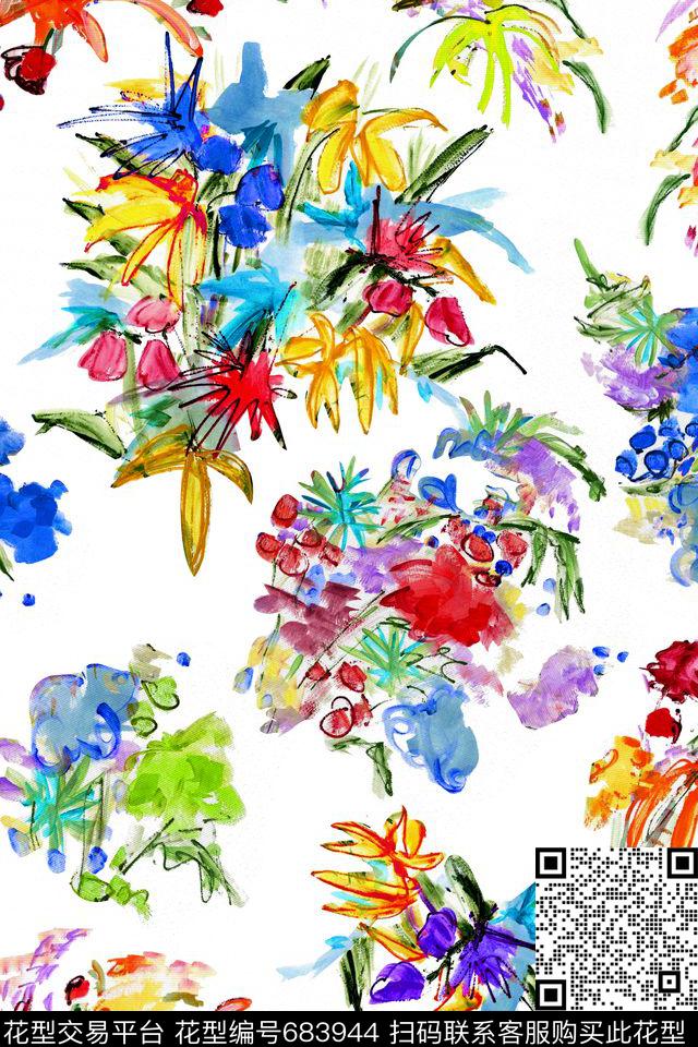 花卉水彩涂鸦数码印花华亿平台下载（图片编号: 683944） - 瓦栏（Walan）