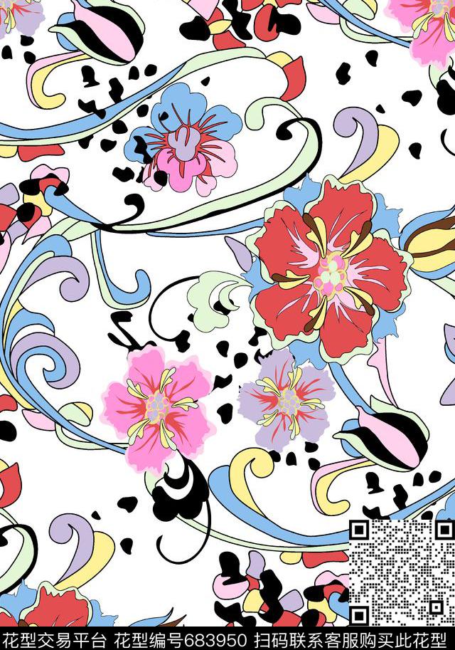 大花手绘花朵花枝叶子矢量花朵传统印花华亿平台下载（图片编号: 683950） - 瓦栏（Walan）