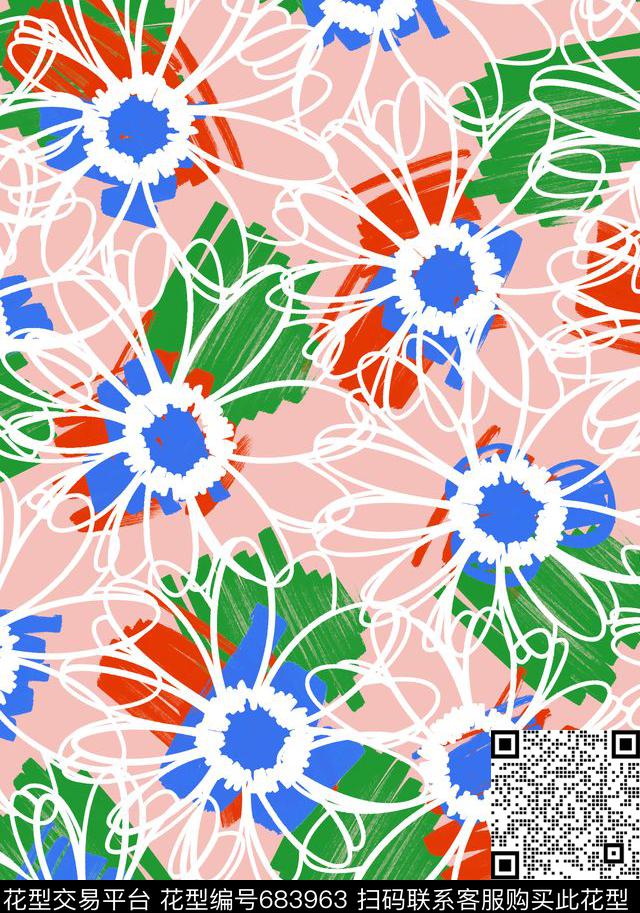 花卉简约线条花卉色块画笔色块传统印花华亿平台下载（图片编号: 683963） - 瓦栏（Walan）