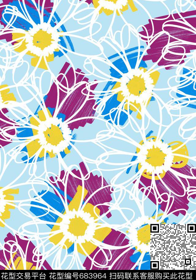 花卉简约线条花卉色块画笔色块传统印花华亿平台下载（图片编号: 683964） - 瓦栏（Walan）