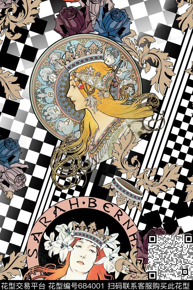 几何棋盘格女神像数码印花华亿平台下载（图片编号: 684001） - 瓦栏（Walan）