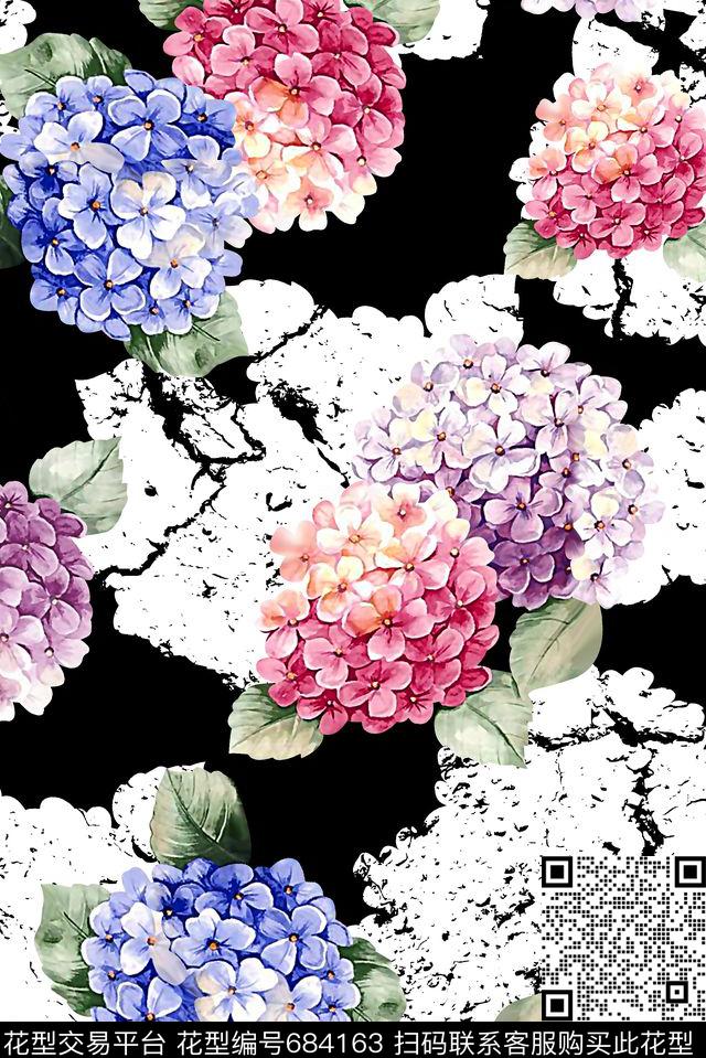 抽象手绘满版花卉绣球花最新高清数码水彩花卉数码印花华亿平台下载（图片编号: 684163） - 瓦栏（Walan）