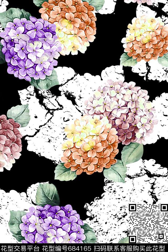 抽象手绘满版花卉绣球花最新高清数码水彩花卉数码印花华亿平台下载（图片编号: 684165） - 瓦栏（Walan）
