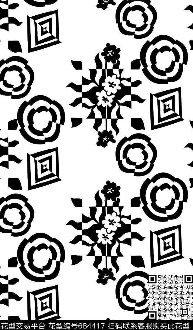 黑白几何波点传统印花华亿平台下载（图片编号: 684417） - 瓦栏（Walan）