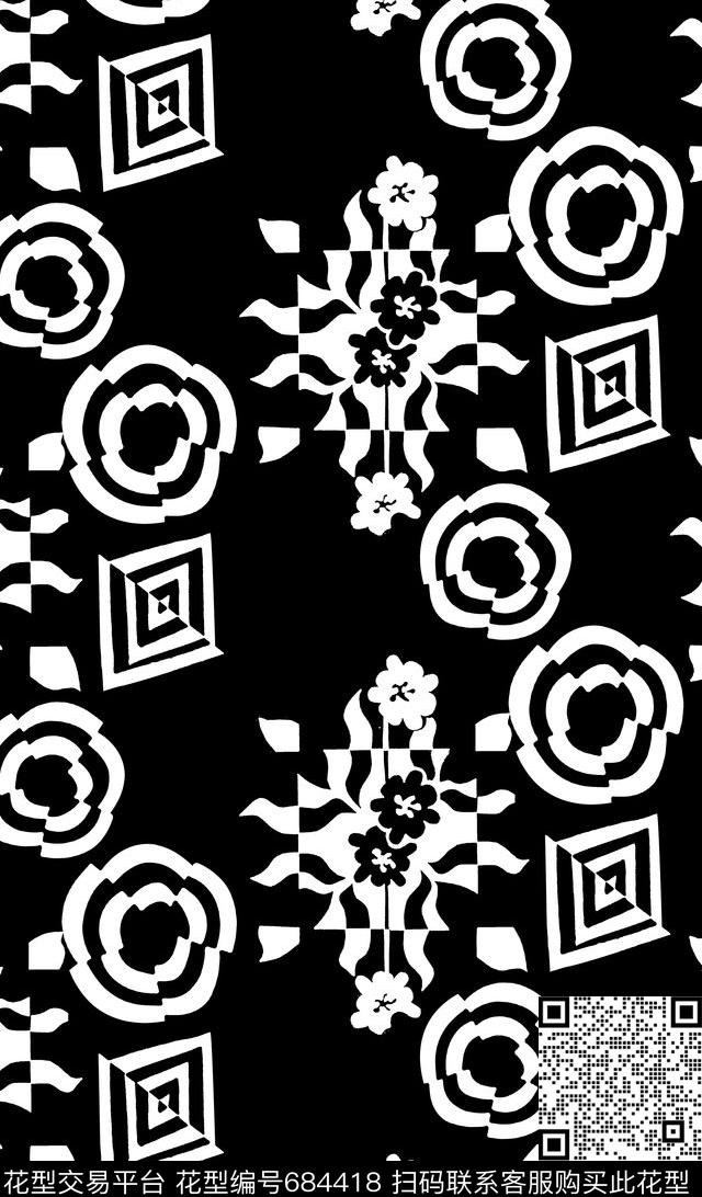黑白几何波点传统印花华亿平台下载（图片编号: 684418） - 瓦栏（Walan）