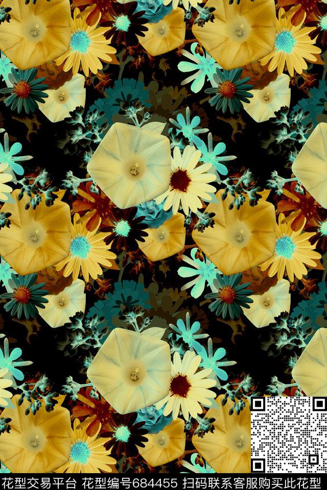 时尚花卉大花牵牛花数码印花华亿平台下载（图片编号: 684455） - 瓦栏（Walan）