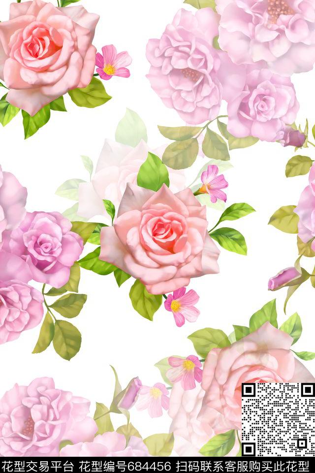 花卉大花玫瑰数码印花华亿平台下载（图片编号: 684456） - 瓦栏（Walan）