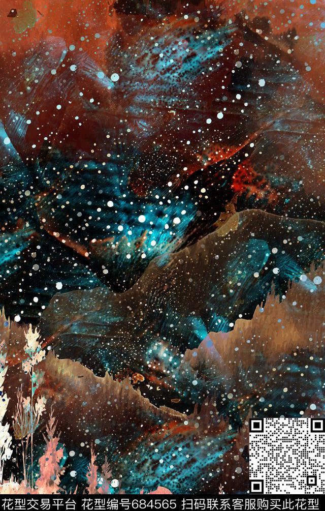 定位手绘山脉数码印花华亿平台下载（图片编号: 684565） - 瓦栏（Walan）