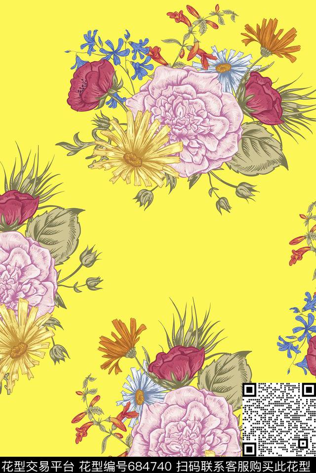 清爽手绘花卉传统印花华亿平台下载（图片编号: 684740） - 瓦栏（Walan）