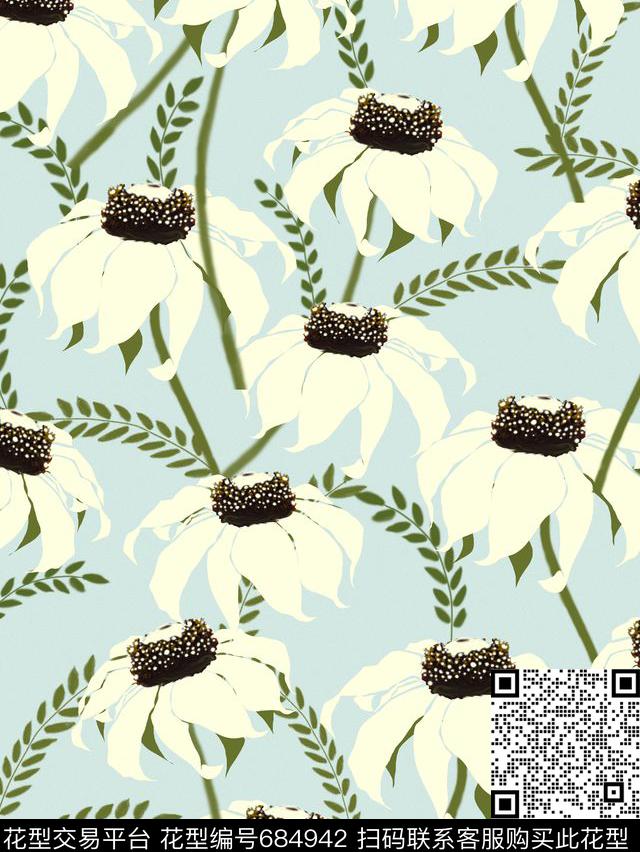 复古、手绘、叶子雏菊数码印花华亿平台下载（图片编号: 684942） - 瓦栏（Walan）