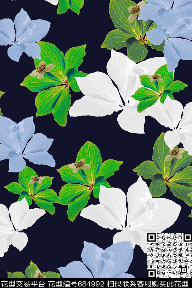风格花卉青蓝雅韵系列叶子花卉组合传统印花华亿平台下载（图片编号: 684992） - 瓦栏（Walan）