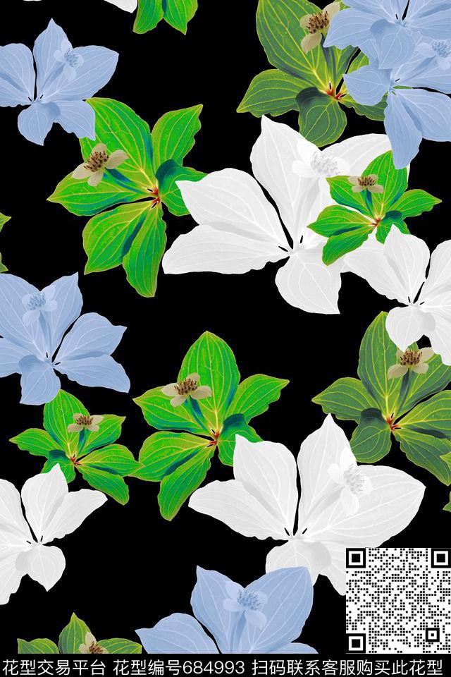 风格花卉青蓝雅韵系列叶子花卉组合传统印花华亿平台下载（图片编号: 684993） - 瓦栏（Walan）