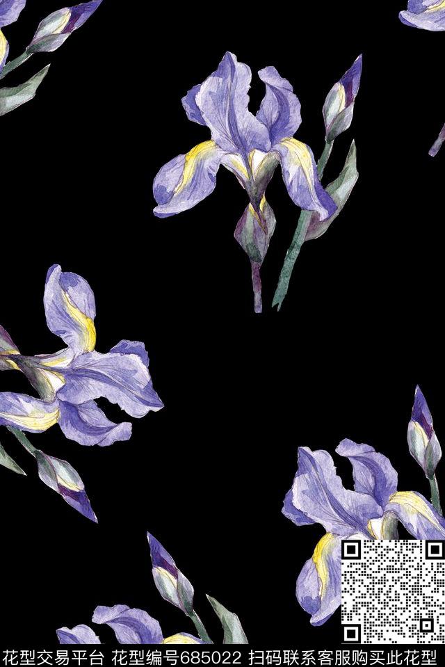 手绘紫色花卉数码印花华亿平台下载（图片编号: 685022） - 瓦栏（Walan）