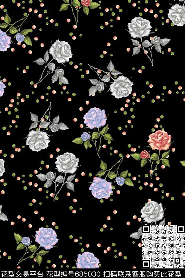 花卉手绘玫瑰花波点组合数码印花华亿平台下载（图片编号: 685030） - 瓦栏（Walan）