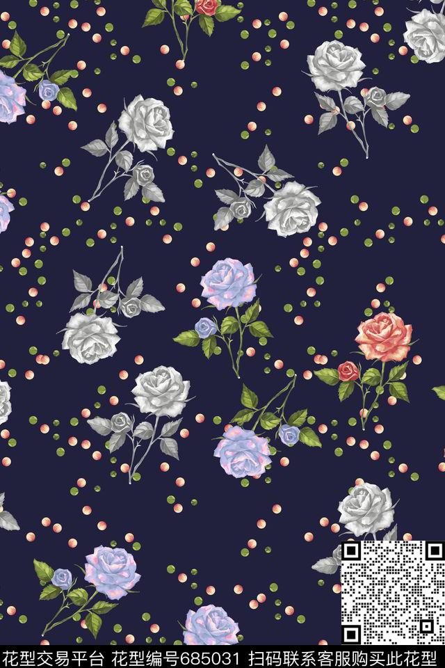青蓝雅韵系列花卉手绘玫瑰花数码印花华亿平台下载（图片编号: 685031） - 瓦栏（Walan）