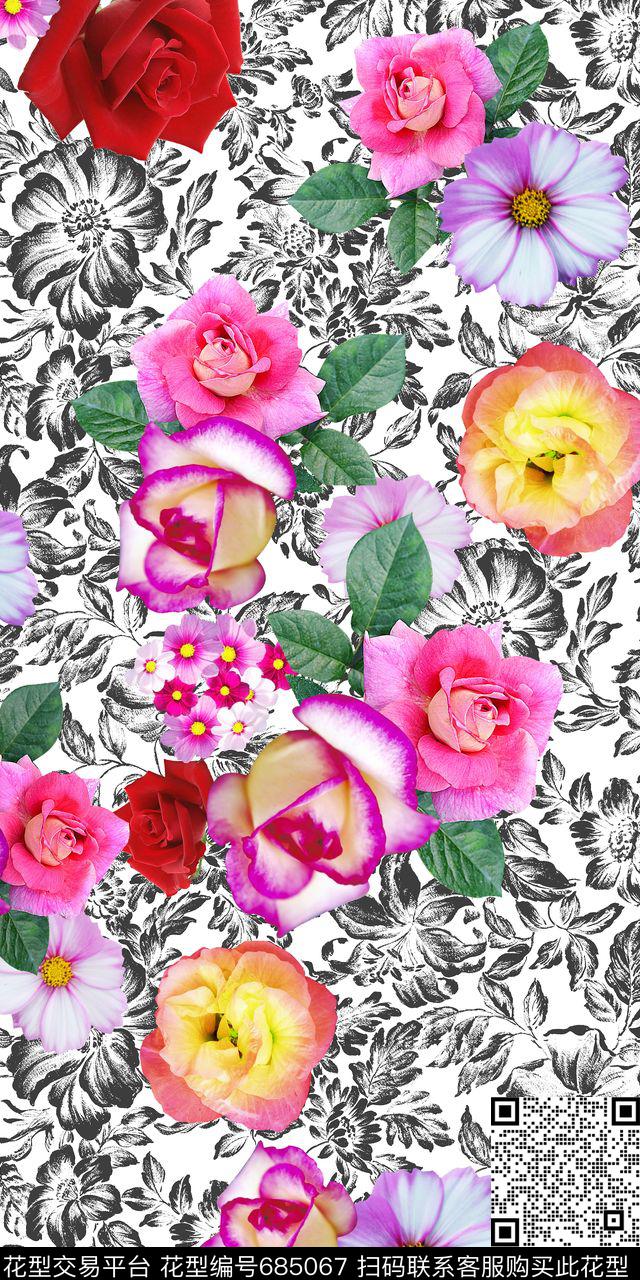 抽象肌理底花卉清爽数码印花华亿平台下载（图片编号: 685067） - 瓦栏（Walan）