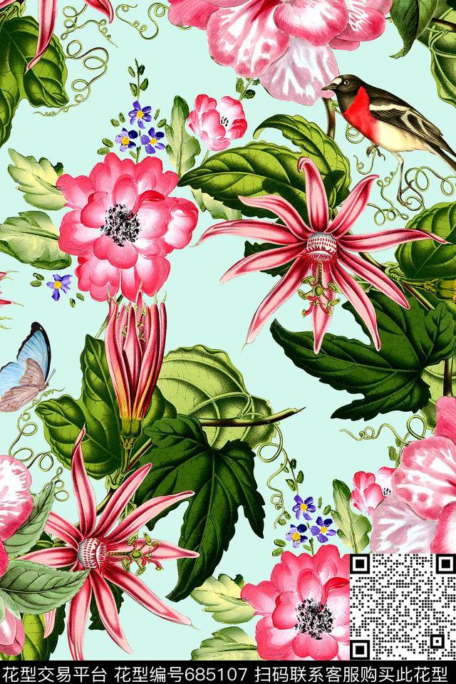 时尚手绘花卉数码印花华亿平台下载（图片编号: 685107） - 瓦栏（Walan）