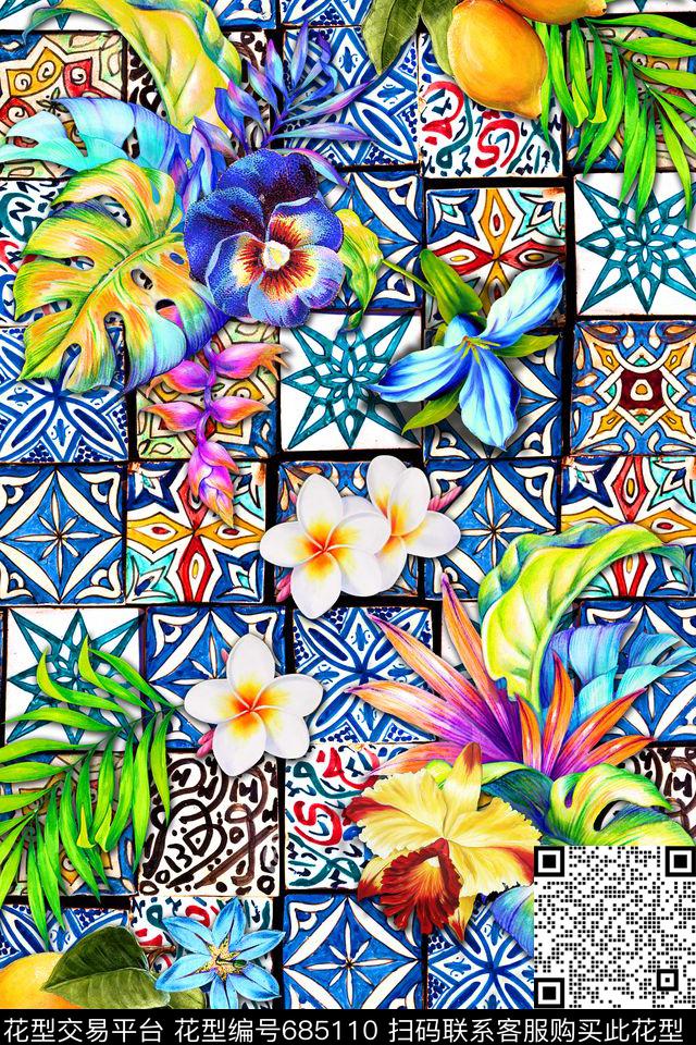 花卉几何地砖数码印花华亿平台下载（图片编号: 685110） - 瓦栏（Walan）