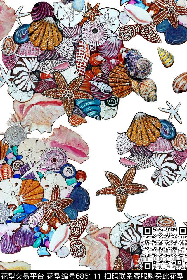 海洋贝壳油画数码印花华亿平台下载（图片编号: 685111） - 瓦栏（Walan）