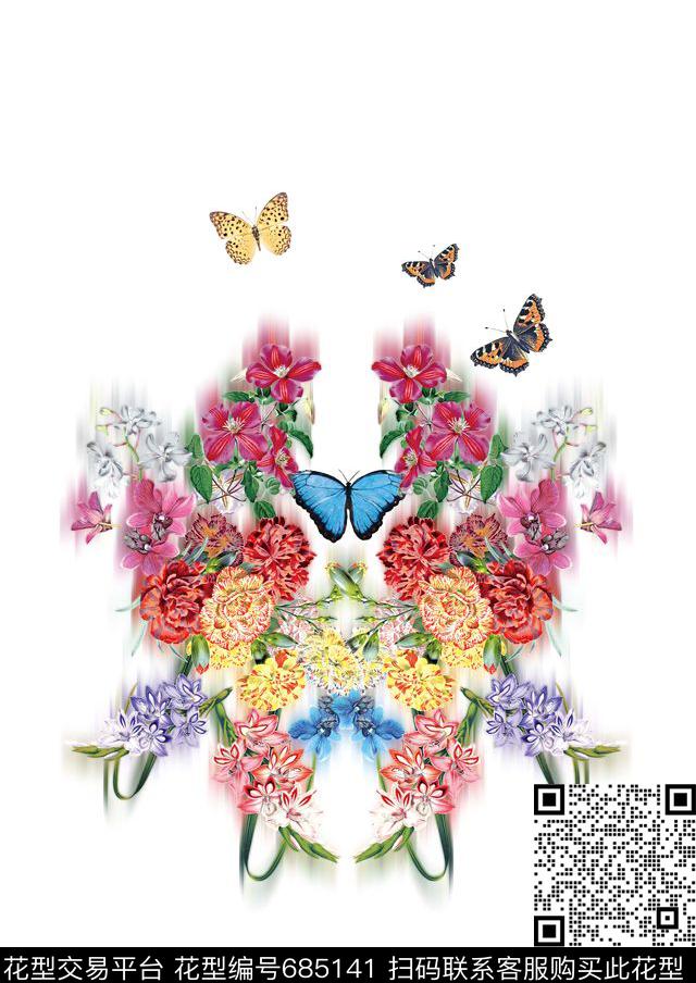 流行时尚花卉蝴蝶数码印花华亿平台下载（图片编号: 685141） - 瓦栏（Walan）