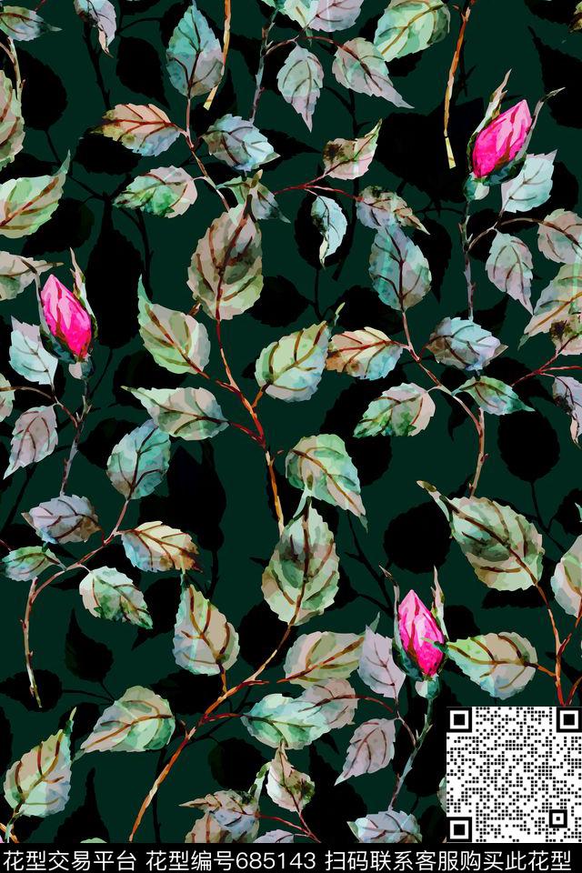 暗黑风格手绘花卉叶子数码印花华亿平台下载（图片编号: 685143） - 瓦栏（Walan）