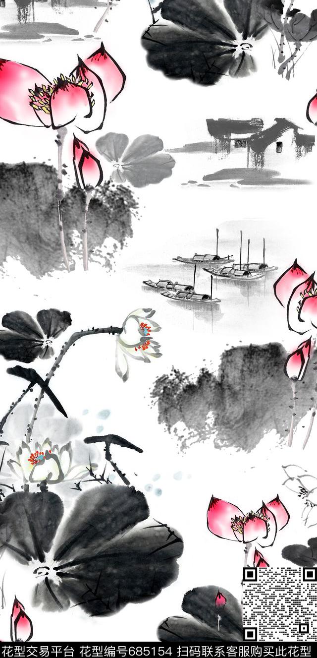 东方韵域山水画水墨荷花数码印花华亿平台下载（图片编号: 685154） - 瓦栏（Walan）