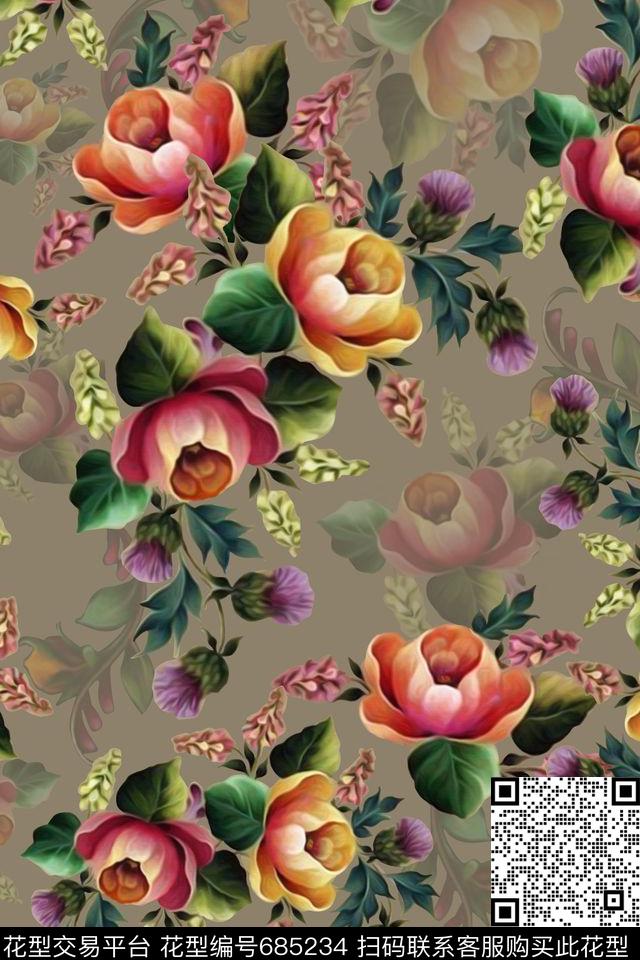 油画花卉多彩数码印花华亿平台下载（图片编号: 685234） - 瓦栏（Walan）