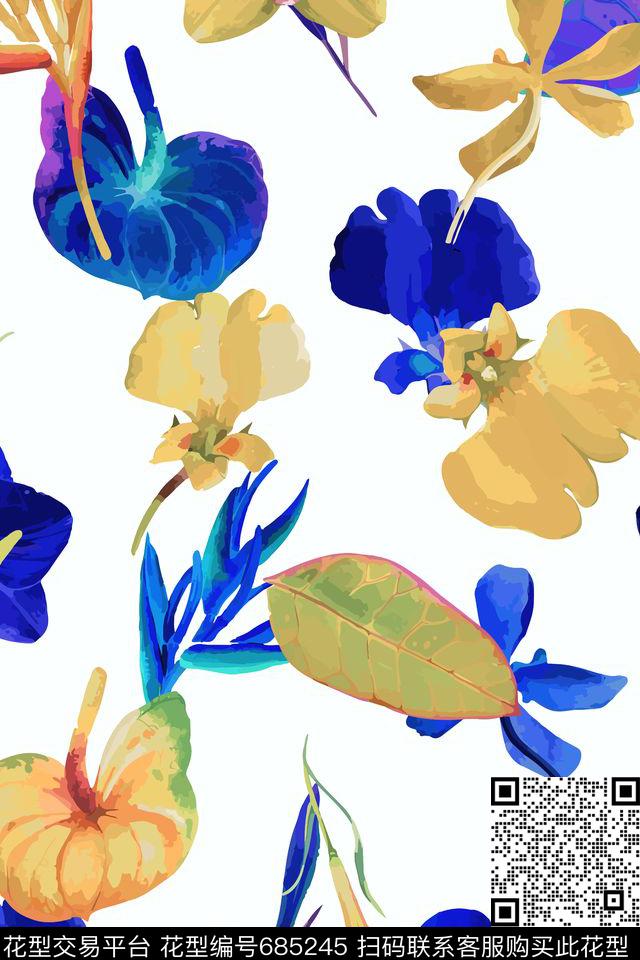 花卉热带叶子数码印花华亿平台下载（图片编号: 685245） - 瓦栏（Walan）