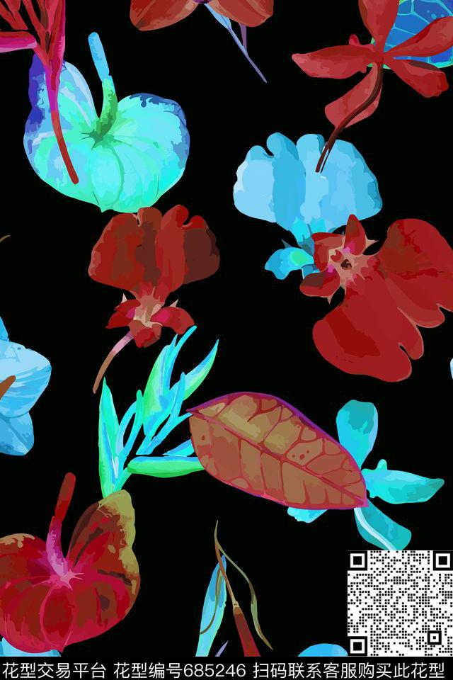 花卉热带叶子数码印花华亿平台下载（图片编号: 685246） - 瓦栏（Walan）