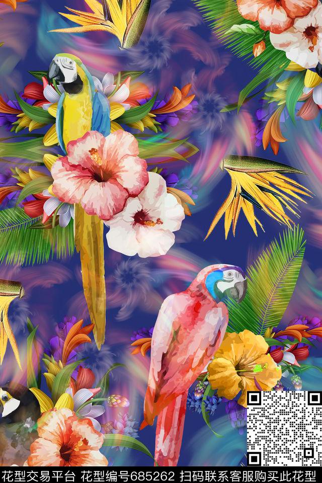 热带风鹦鹉热带花卉数码印花华亿平台下载（图片编号: 685262） - 瓦栏（Walan）