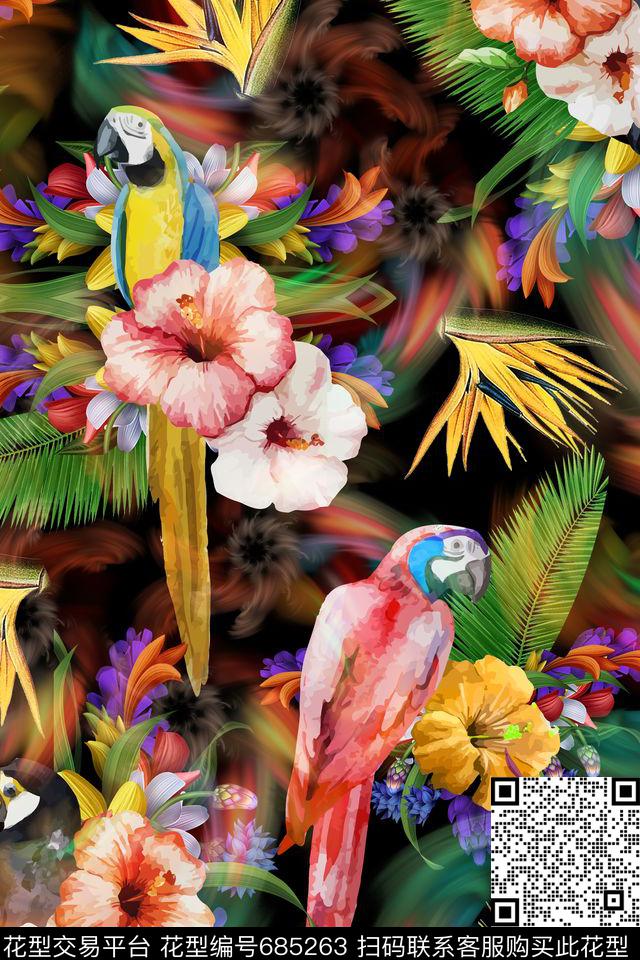 热带风鹦鹉热带花卉数码印花华亿平台下载（图片编号: 685263） - 瓦栏（Walan）