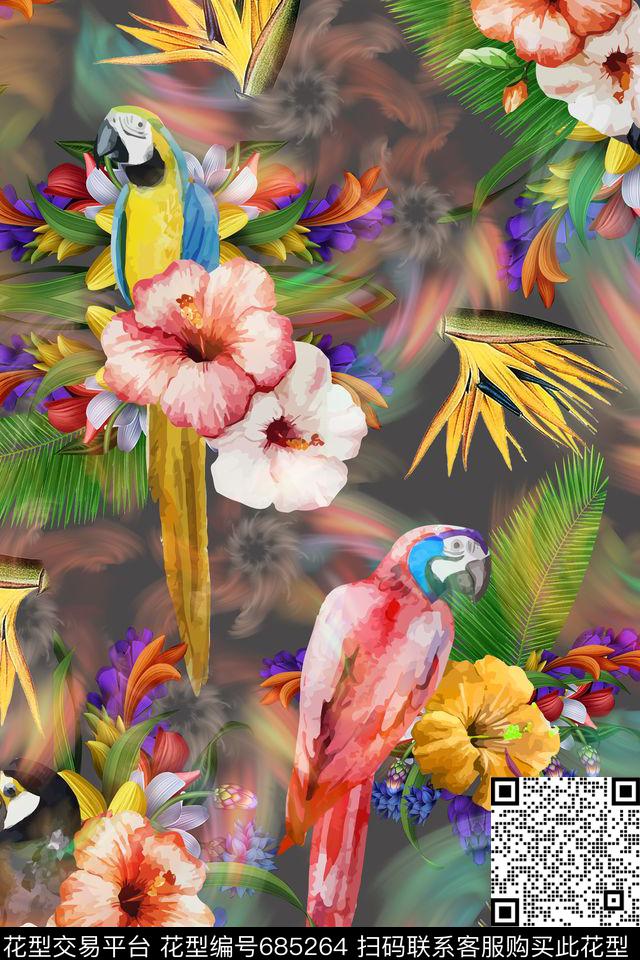 热带风鹦鹉热带花卉数码印花华亿平台下载（图片编号: 685264） - 瓦栏（Walan）